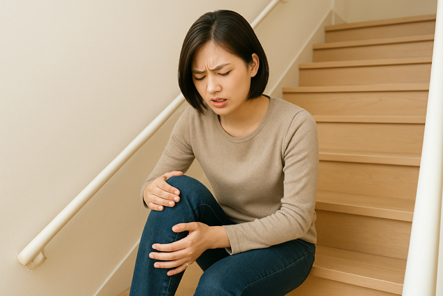 階段で脚のしびれを感じる女性